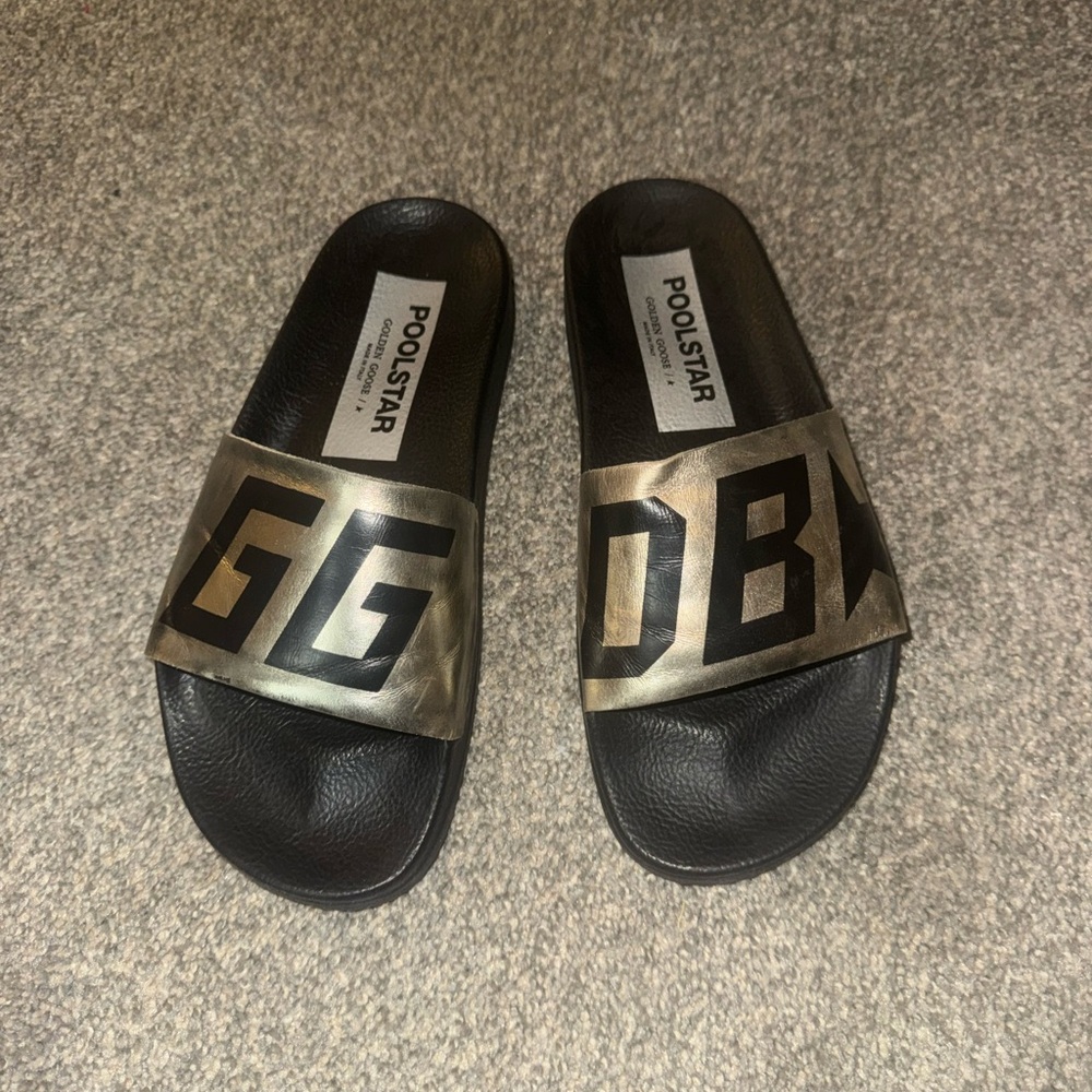Golden Goose Black and Gold Poolstar Slides